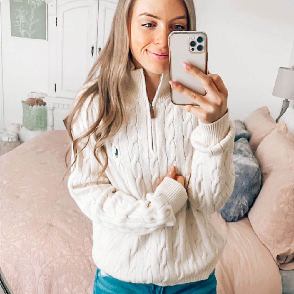 Cream Cable Knit Quarter-Zip Polo Sweater
